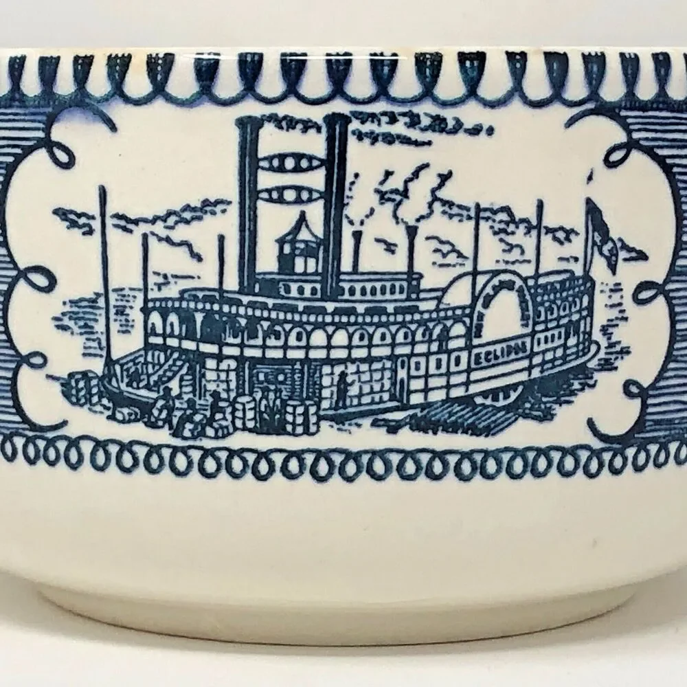 Currier & Ives Creamer Sugar Vintage Royal China Train River Boat Scene USA